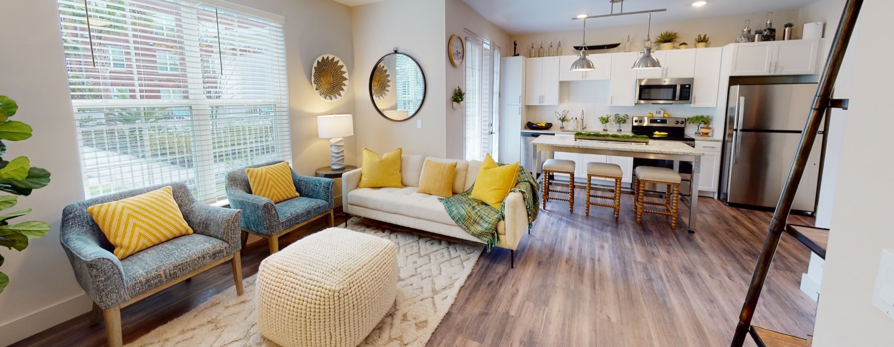 a living room and a kitchen
