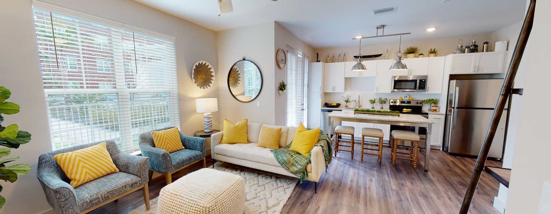 a living room and a kitchen